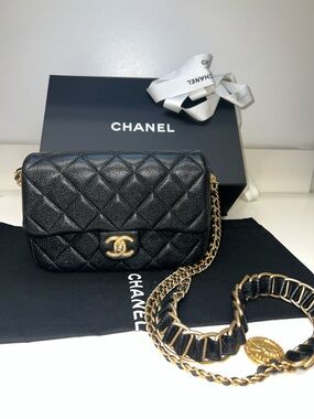 CHANEL Black Quilted Caviar Leather Mini Crossbody with Gold Hardware
